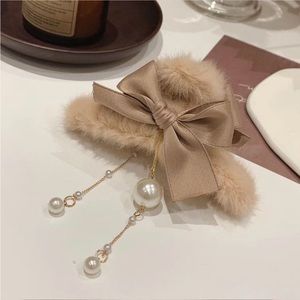 *NEW* Pretty Fawn Soft Faux Fur Ribbon Claw Hair Clip with Pearl Beaded Chain